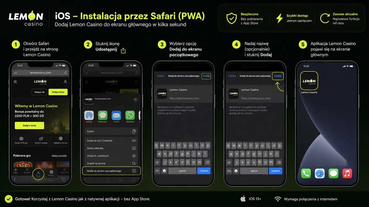 Lemon Casino app na iOS – instalacja przez Safari