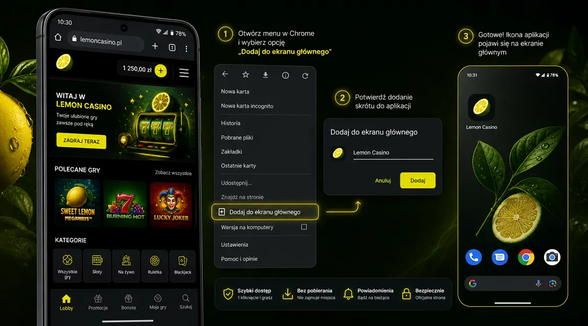 Instalacja Lemon Casino aplikacja na Androidzie – dodawanie do ekranu głównego